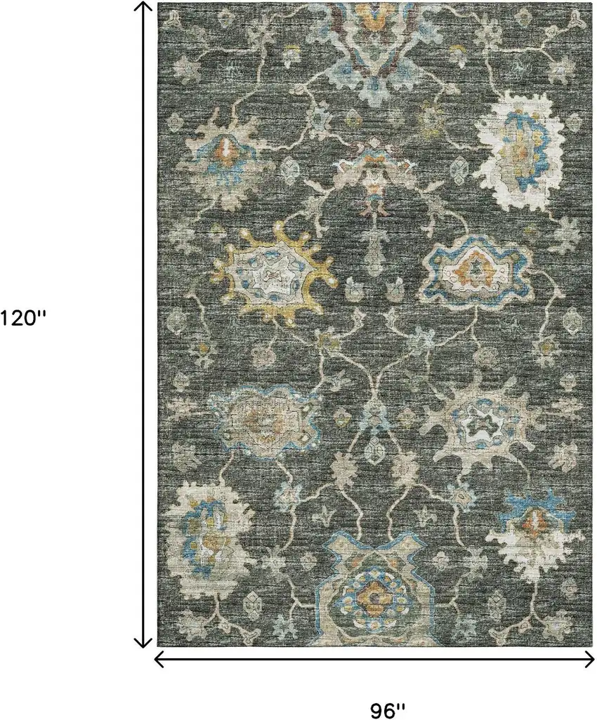 Charcoal Blue And Gold Floral Medallion Washable Area Rug With UV Protection Photo 8