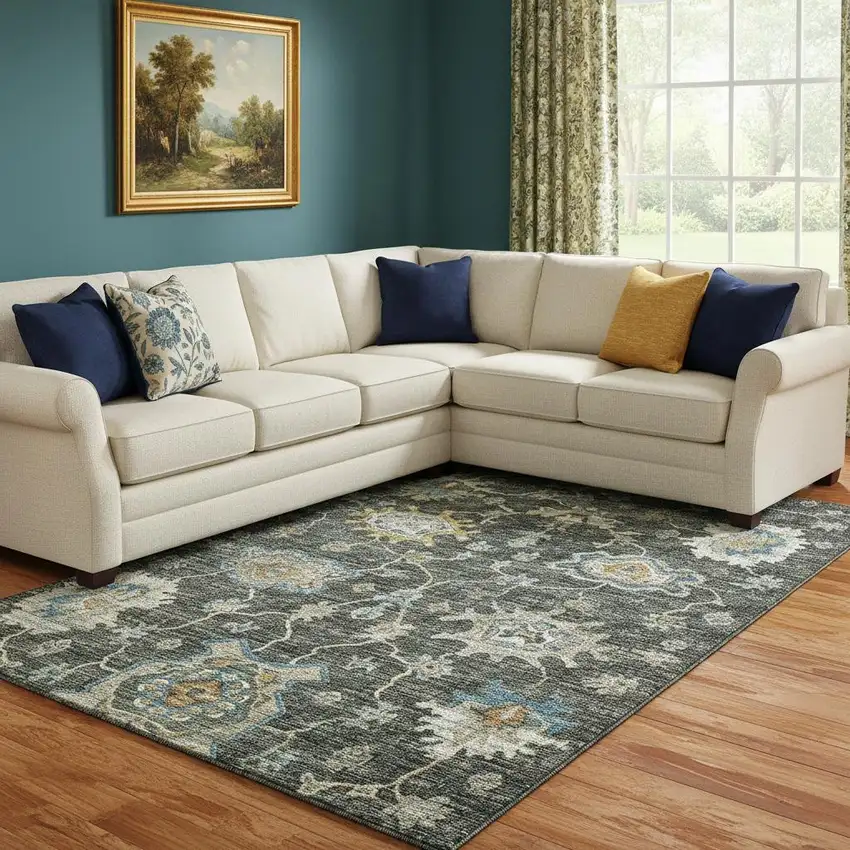 Charcoal Blue And Gold Floral Medallion Washable Area Rug With UV Protection Photo 1