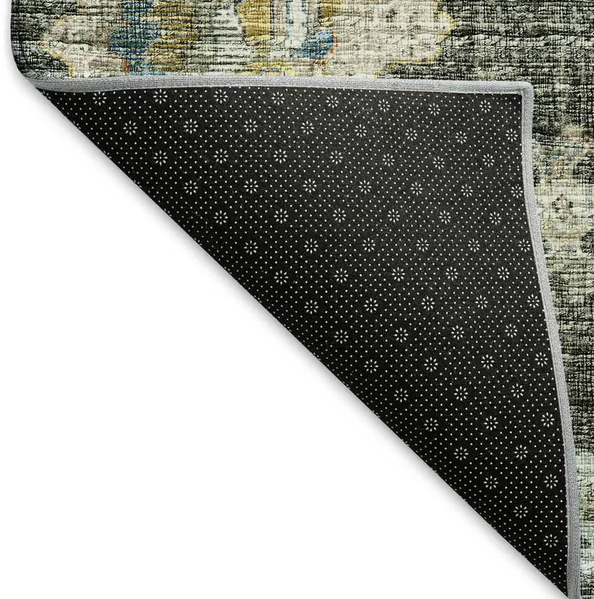 Charcoal Blue And Gold Floral Medallion Washable Area Rug With UV Protection Photo 6