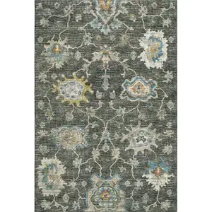 Photo of Charcoal Blue And Gold Floral Medallion Washable Area Rug With UV Protection