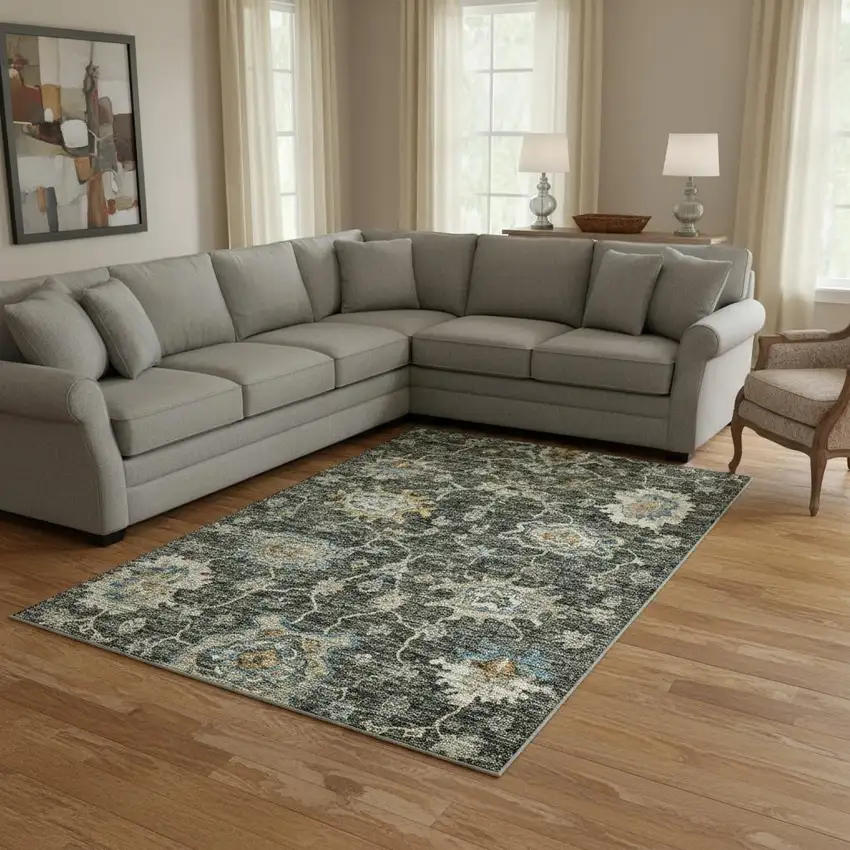 Charcoal Blue And Gold Floral Medallion Washable Area Rug With UV Protection Photo 1