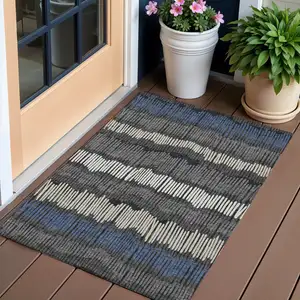 Photo of Charcoal Blue And Ivory Striped Washable Indoor Outdoor Area Rug