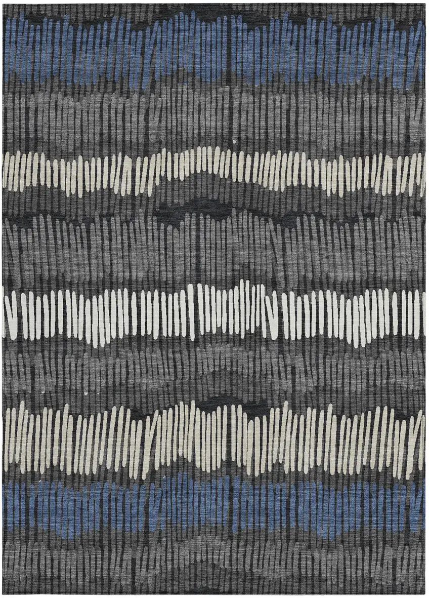 Charcoal Blue And Ivory Striped Washable Indoor Outdoor Area Rug Photo 6