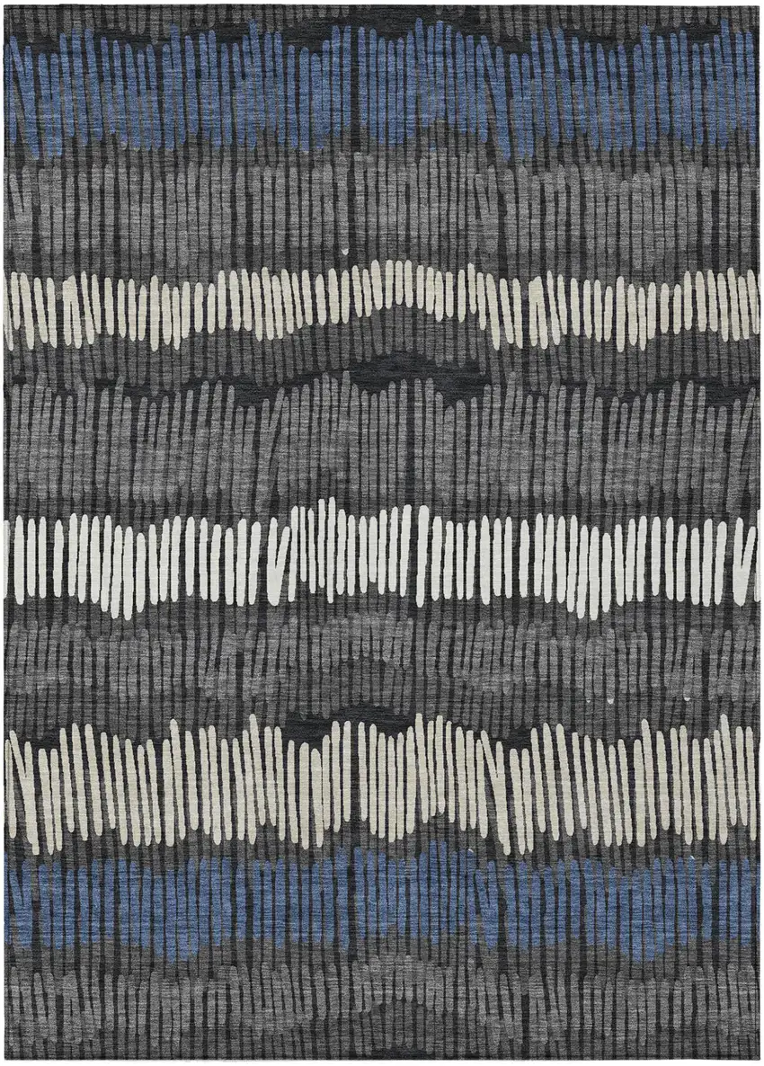 Charcoal Blue And Ivory Striped Washable Indoor Outdoor Area Rug Photo 2