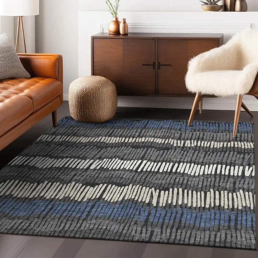 Charcoal Blue And Ivory Striped Washable Indoor Outdoor Area Rug Photo 9