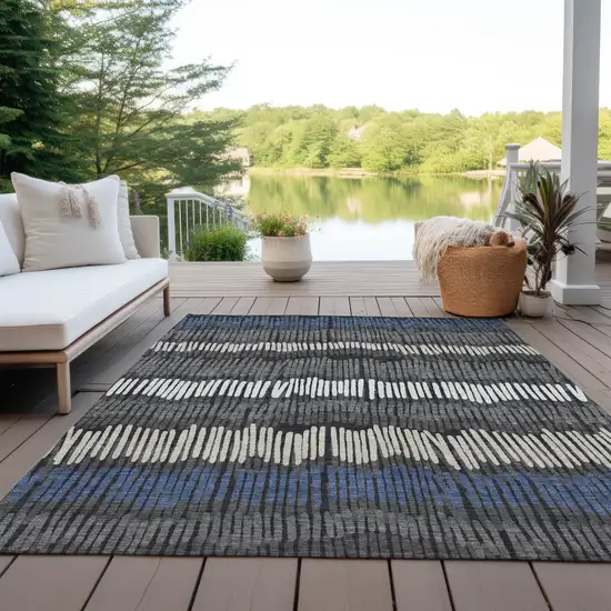 Charcoal Blue And Ivory Striped Washable Indoor Outdoor Area Rug Photo 8