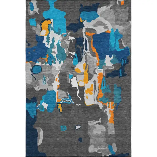 Charcoal Blue And Orange Abstract Washable Area Rug With UV Protection Photo 1