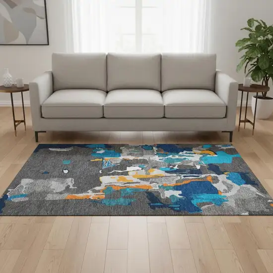 Charcoal Blue And Orange Abstract Washable Area Rug With UV Protection Photo 2