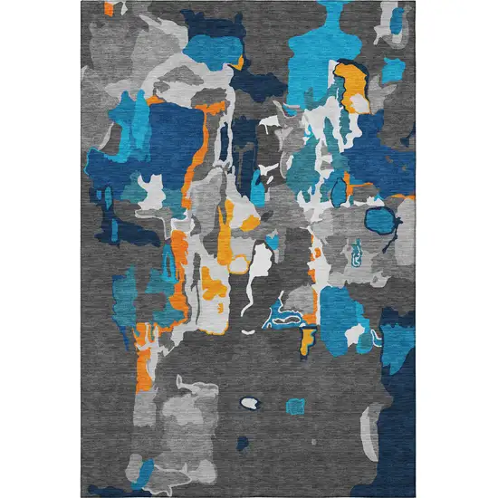 Charcoal Blue And Orange Abstract Washable Area Rug With UV Protection Photo 3