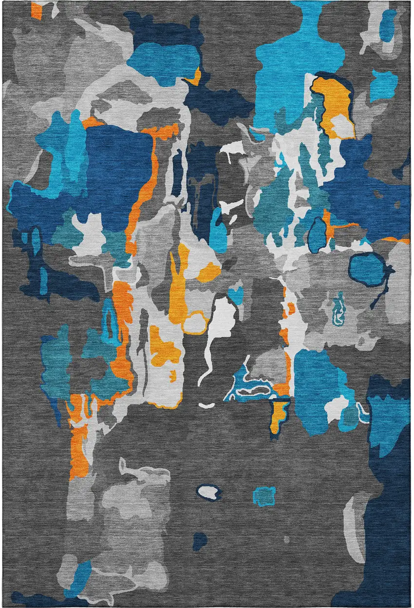 Charcoal Blue And Orange Abstract Washable Area Rug With UV Protection Photo 3
