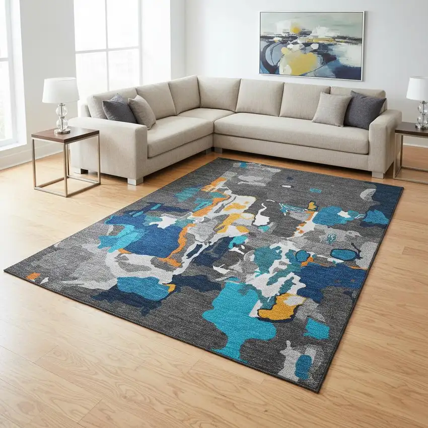 Charcoal Blue And Orange Abstract Washable Area Rug With UV Protection Photo 2