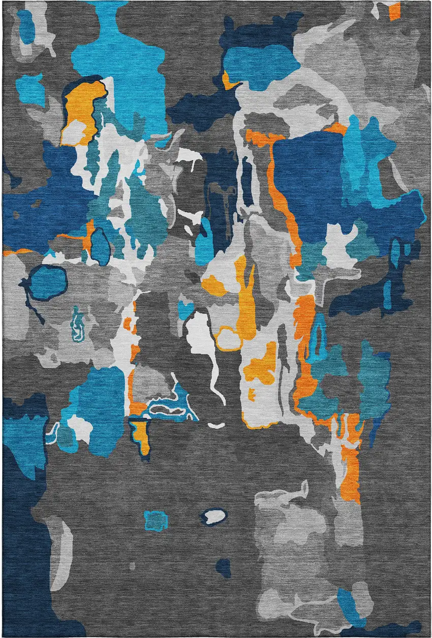 Charcoal Blue And Orange Abstract Washable Area Rug With UV Protection Photo 1