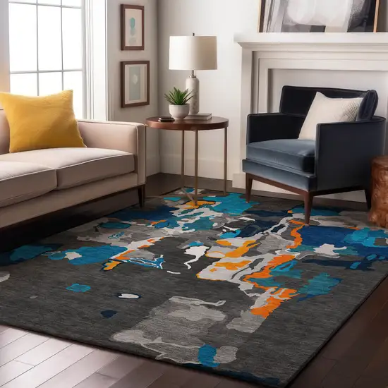 Charcoal Blue And Orange Abstract Washable Area Rug With UV Protection Photo 4