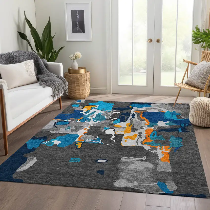 Charcoal Blue And Orange Abstract Washable Area Rug With UV Protection Photo 6