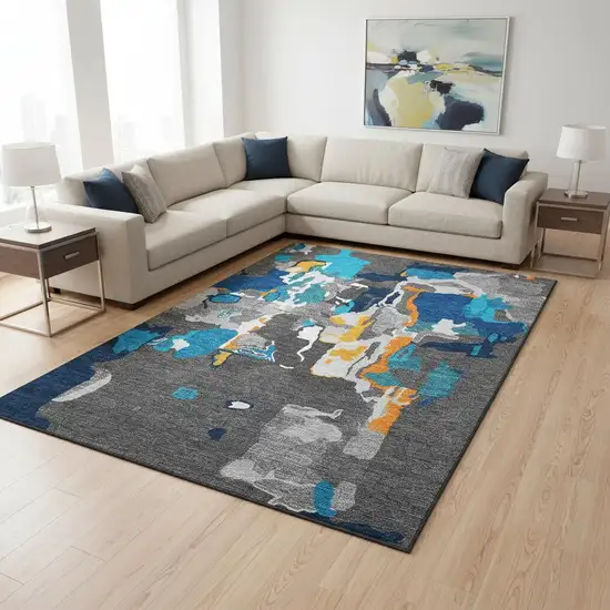 Charcoal Blue And Orange Abstract Washable Area Rug With UV Protection Photo 2