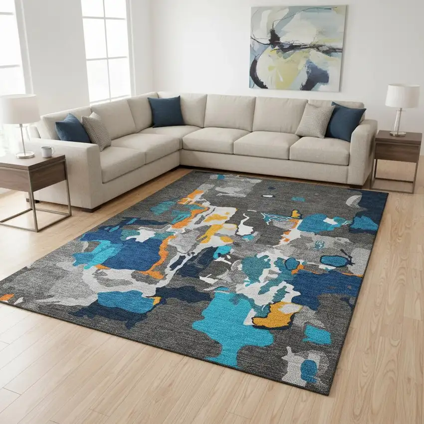 Charcoal Blue And Orange Abstract Washable Area Rug With UV Protection Photo 2