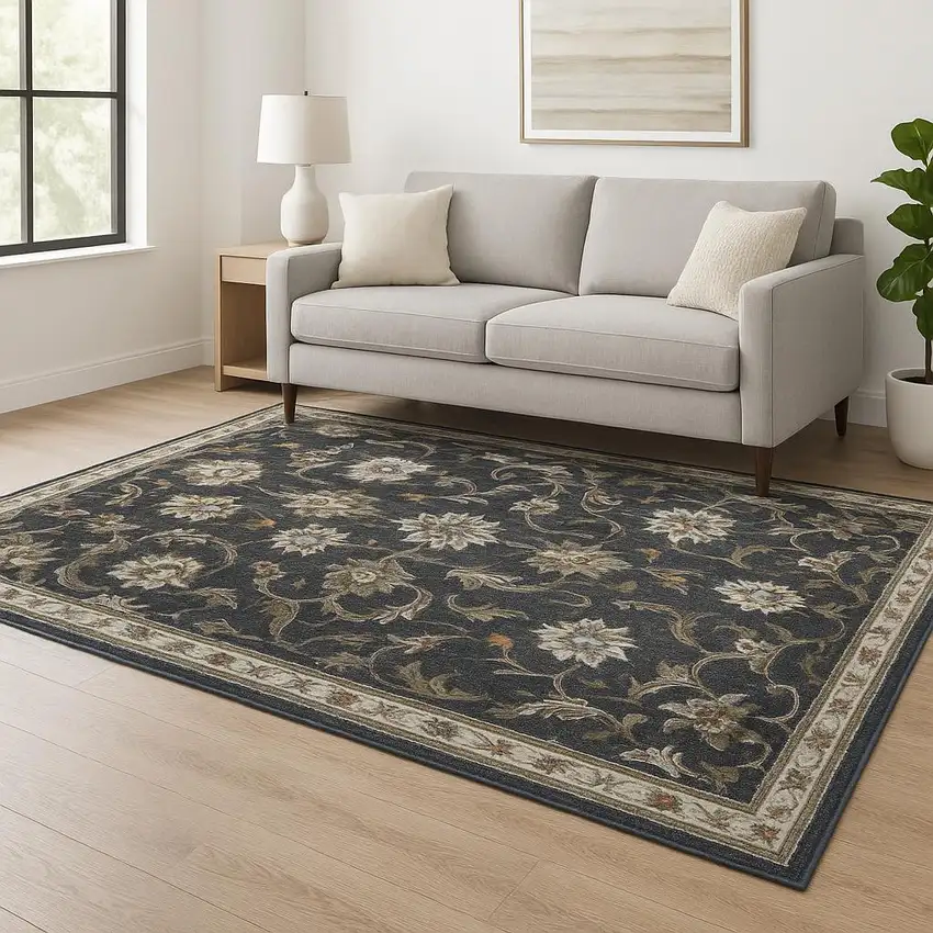 Charcoal Blue Gold Rust And Beige Oriental Power Loom Stain Resistant Area Rug Photo 1