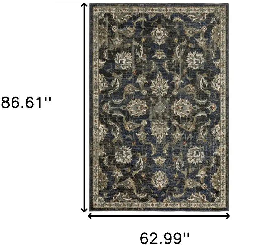 Charcoal Blue Gold Rust And Beige Oriental Power Loom Stain Resistant Area Rug Photo 10
