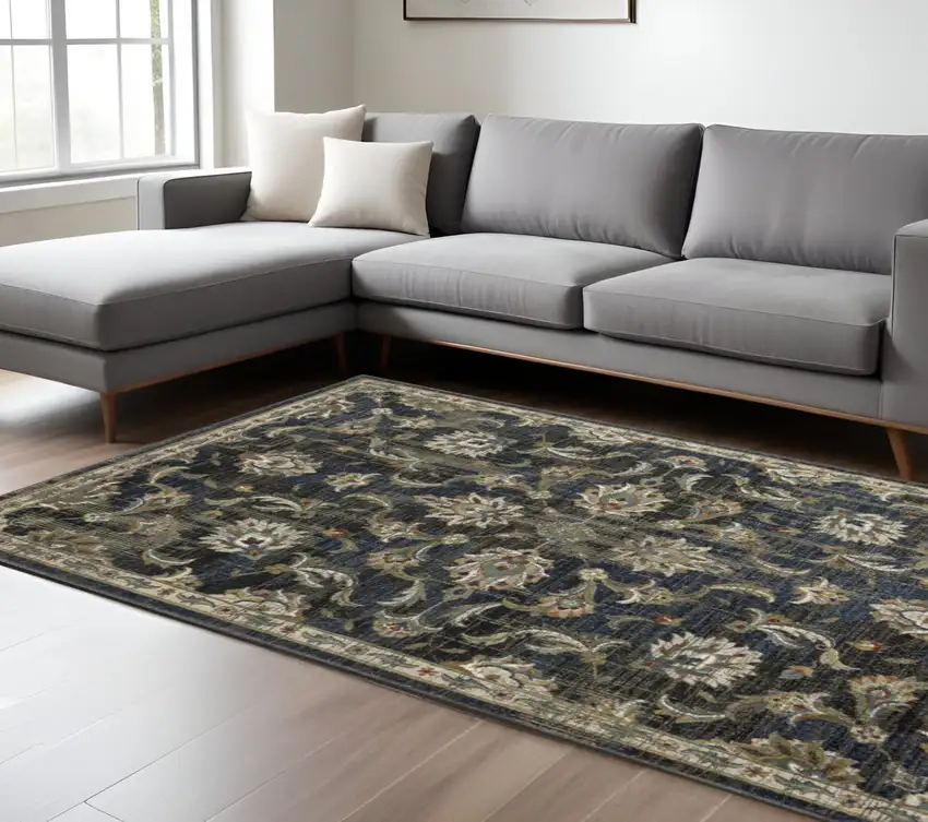 Charcoal And Blue Oriental Distressed Area Rug Photo 1