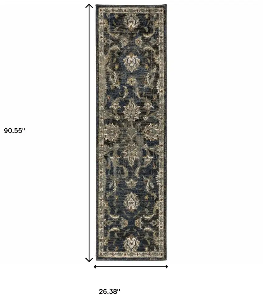 Charcoal Blue Gold Rust And Beige Oriental Power Loom Stain Resistant Runner Rug Photo 10