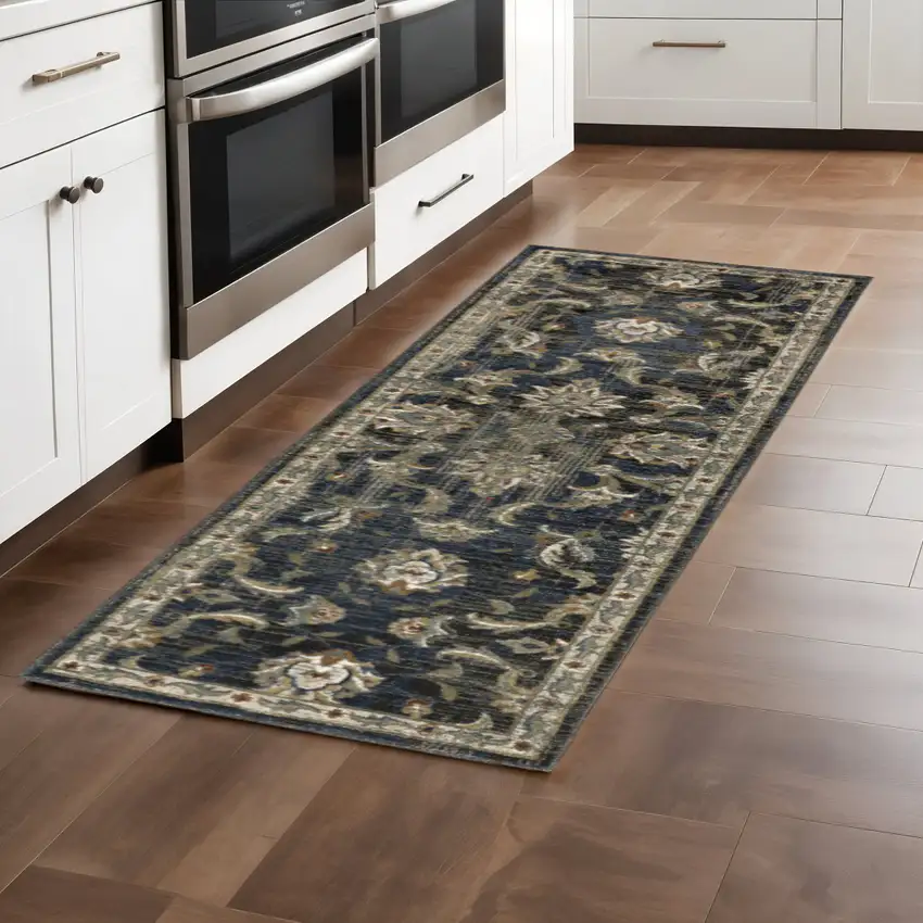 2' X 8' Charcoal Blue Gold Rust And Beige Oriental Power Loom Stain Resistant Runner Rug Photo 1