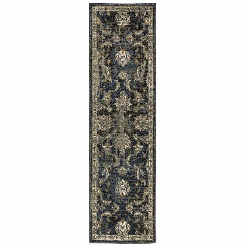 Charcoal Blue Gold Rust And Beige Oriental Power Loom Stain Resistant Runner Rug Photo 1
