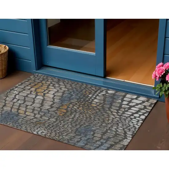 Charcoal Brown And Copper Abstract Washable Indoor Outdoor Area Rug Photo 1