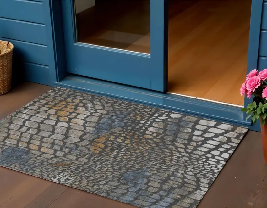 Charcoal Brown And Copper Abstract Washable Indoor Outdoor Area Rug Photo 1