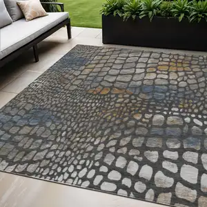 Photo of Charcoal Brown And Copper Abstract Washable Indoor Outdoor Area Rug