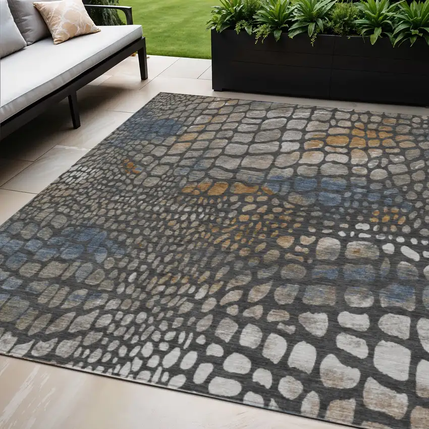 Charcoal Brown And Copper Abstract Washable Indoor Outdoor Area Rug Photo 1