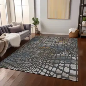 Photo of Charcoal Brown And Copper Abstract Washable Indoor Outdoor Area Rug