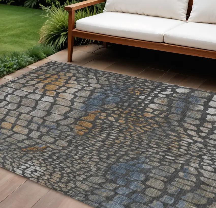 Charcoal Brown And Copper Abstract Washable Indoor Outdoor Area Rug Photo 1