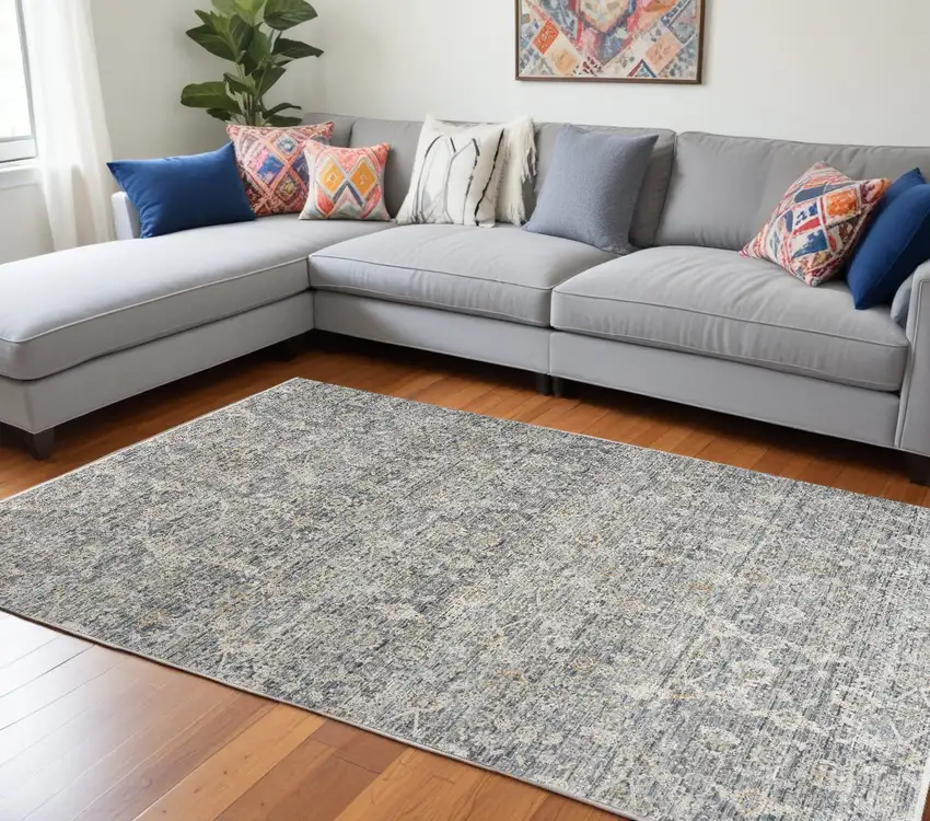 Charcoal Brown And Ivory Floral Distressed Area Rug With Fringe Photo 1