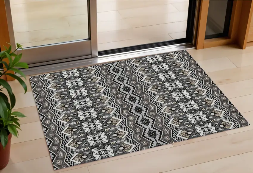 Charcoal Brown And Ivory Moroccan Washable Indoor Outdoor Area Rug Photo 1