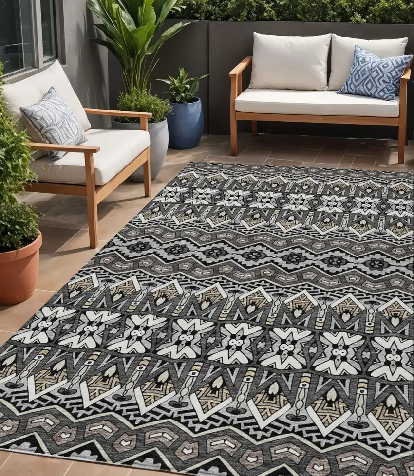 Charcoal Brown And Ivory Moroccan Washable Indoor Outdoor Area Rug Photo 1