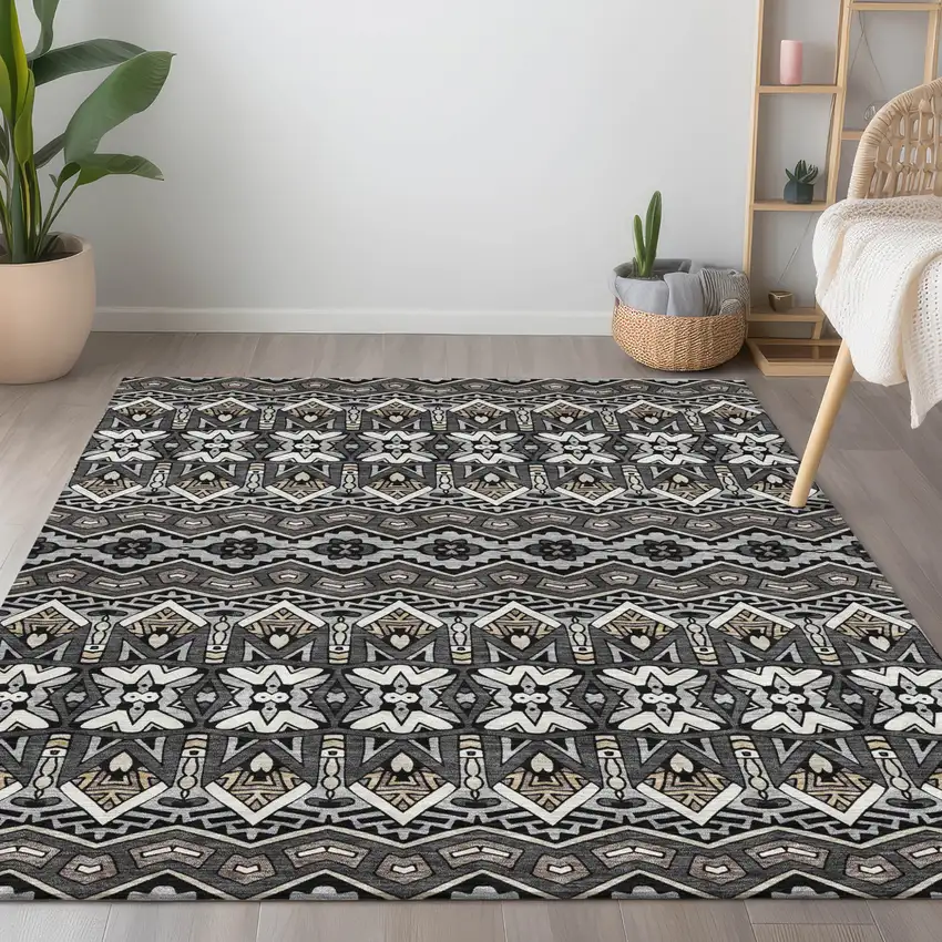 Charcoal Brown And Ivory Moroccan Washable Indoor Outdoor Area Rug Photo 9