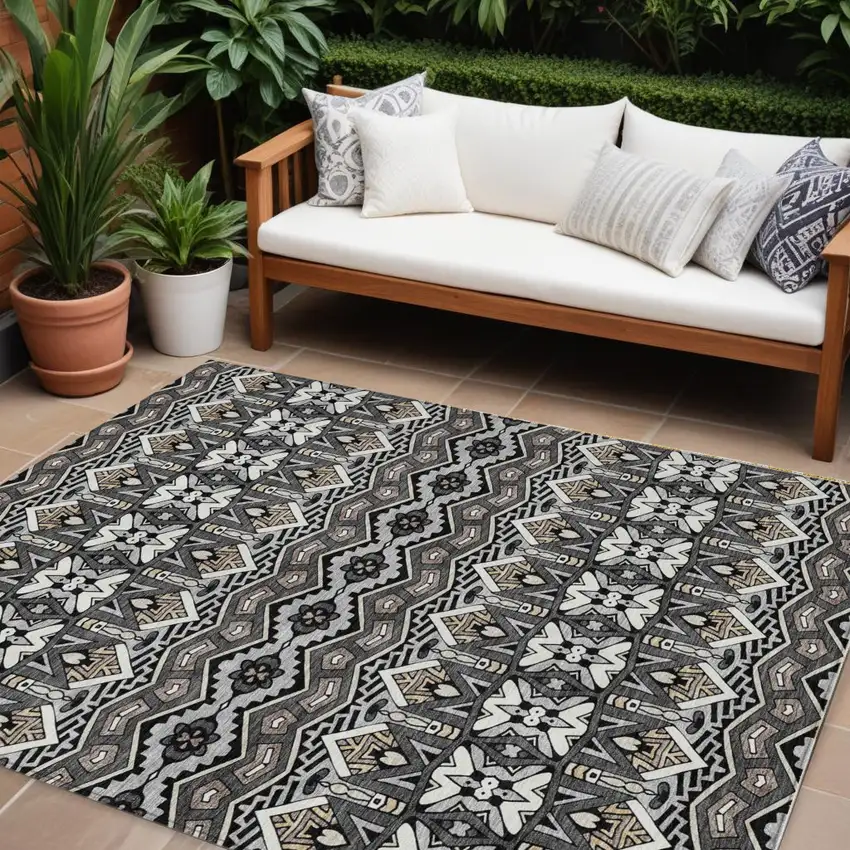 Charcoal Brown And Ivory Moroccan Washable Indoor Outdoor Area Rug Photo 1