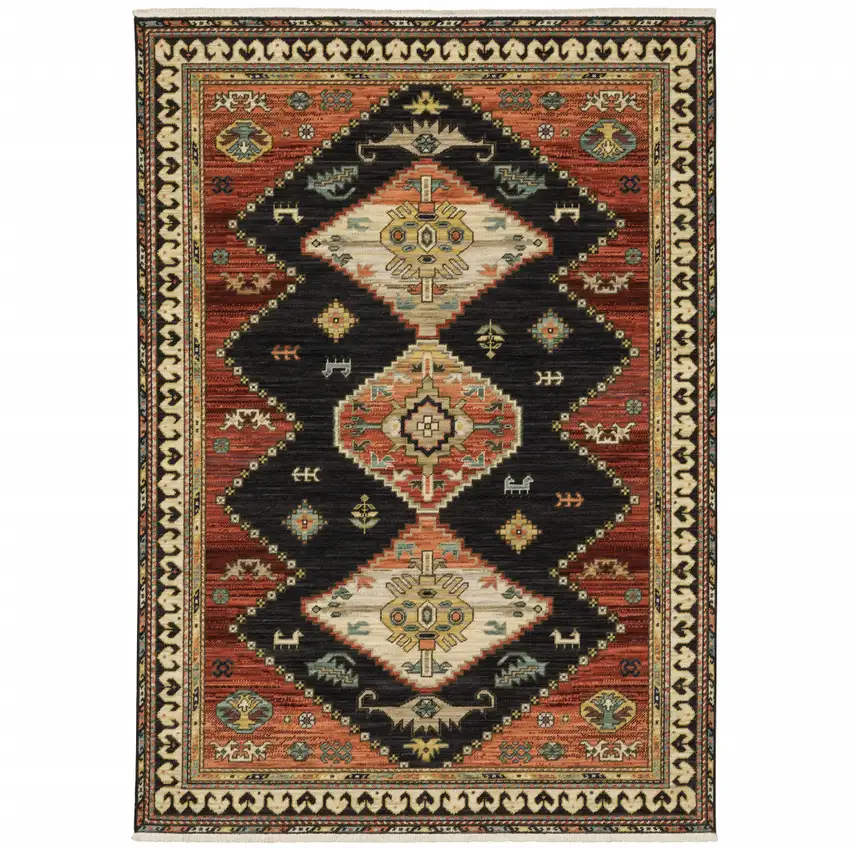 Charcoal Brown Orange Salmon Gold Navy Ivory And Pale Blue Oriental Power Loom Stain Resistant Area Rug With Fringe Photo 1