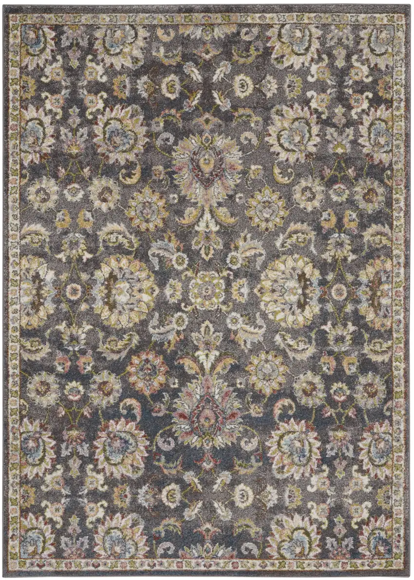 Charcoal Brown and Yellow Floral Distressed Area Rug Photo 2