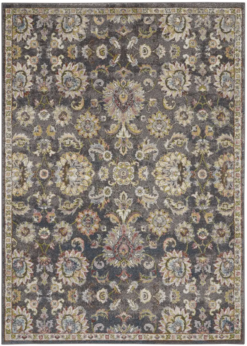 Charcoal Brown and Yellow Floral Distressed Area Rug Photo 1