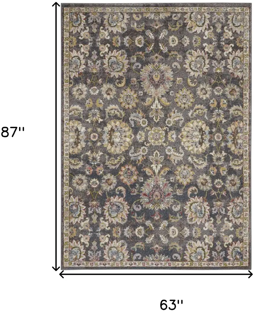 Charcoal Brown and Yellow Floral Distressed Area Rug Photo 3