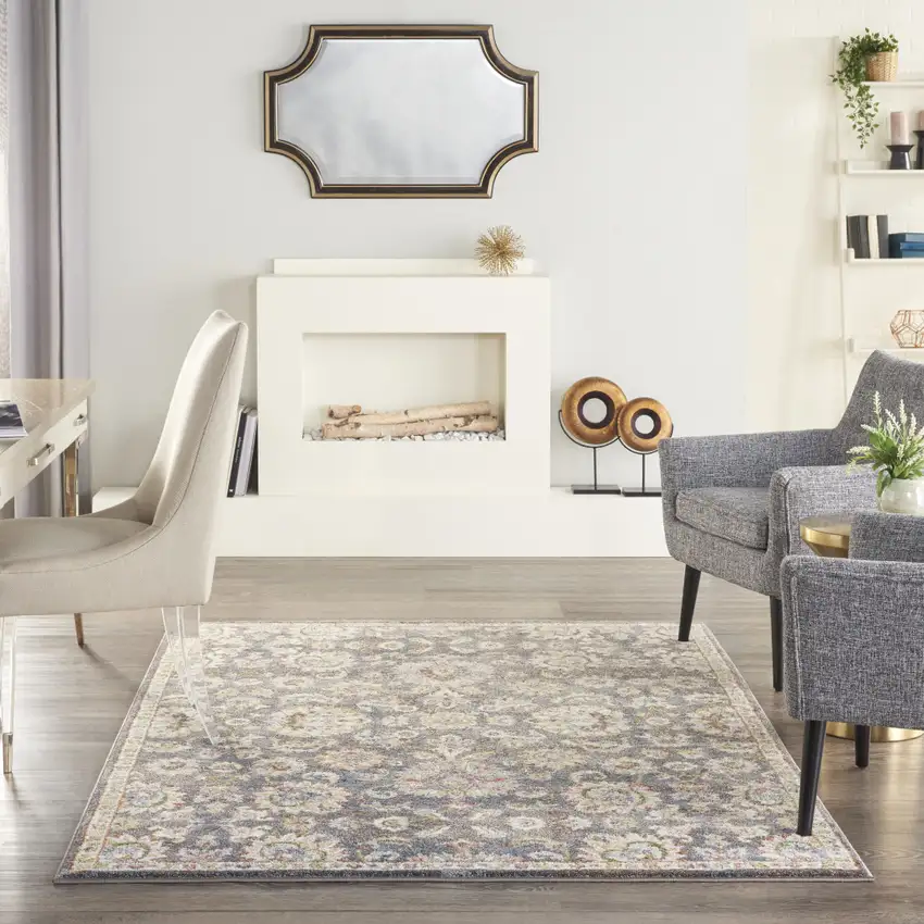 Charcoal Brown and Yellow Floral Distressed Area Rug Photo 4