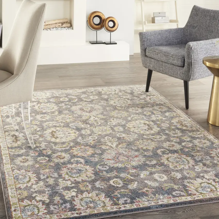 Charcoal Brown and Yellow Floral Distressed Area Rug Photo 3