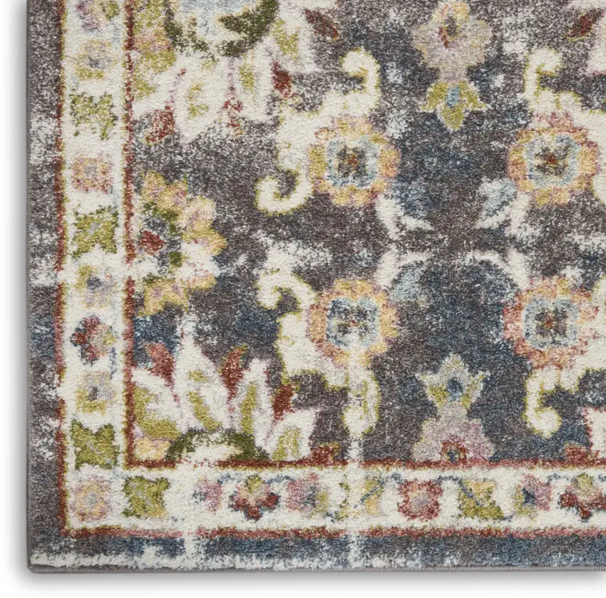 Charcoal Brown and Yellow Floral Distressed Area Rug Photo 6