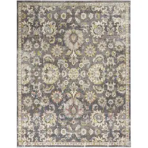 Photo of Charcoal Brown and Yellow Floral Distressed Area Rug