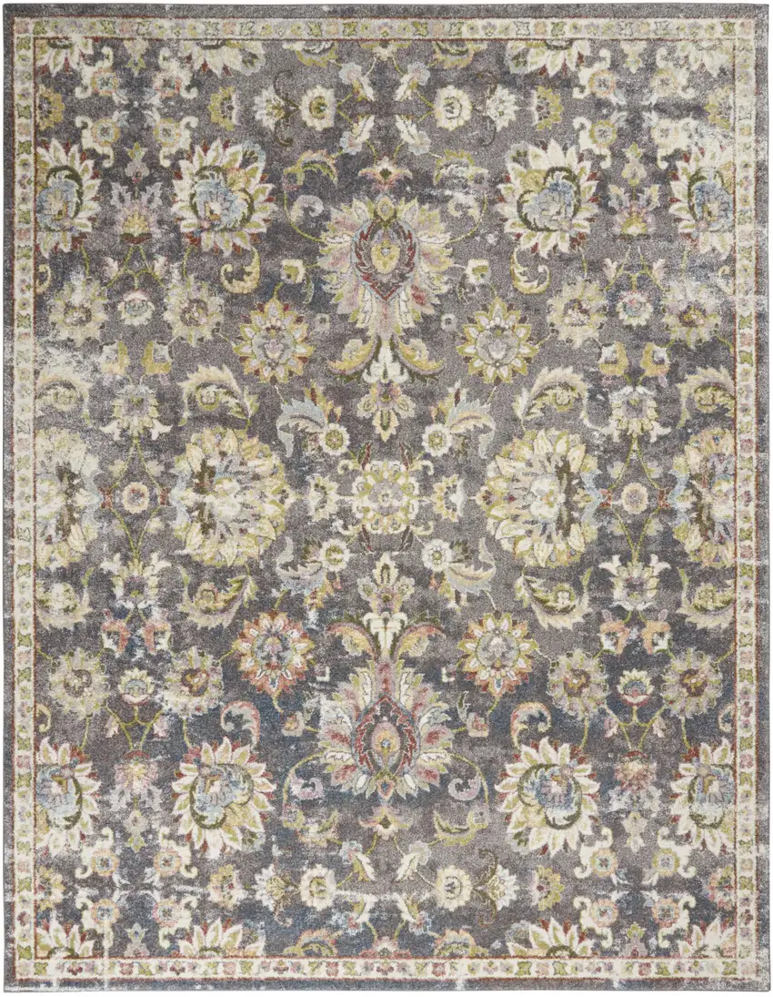Charcoal Brown and Yellow Floral Distressed Area Rug Photo 1