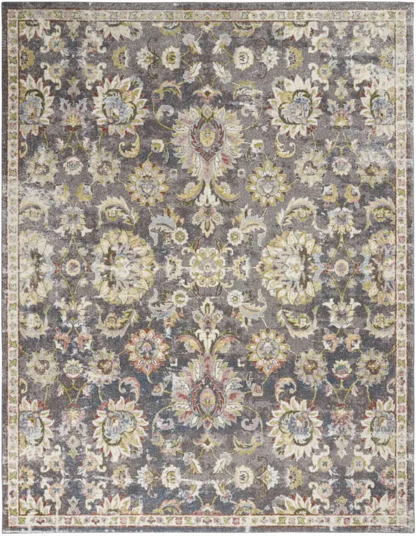 Charcoal Brown and Yellow Floral Distressed Area Rug Photo 2