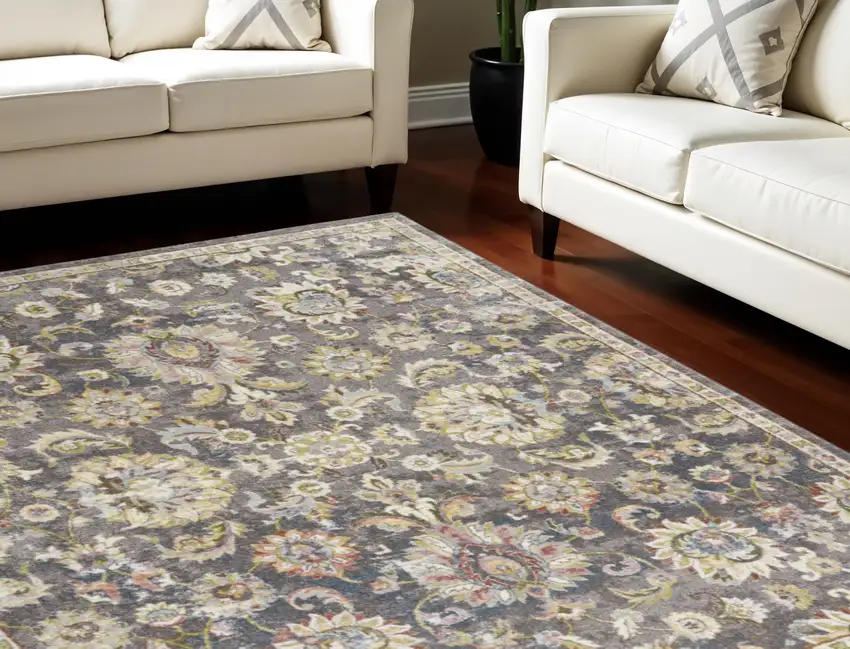 Charcoal Brown and Yellow Floral Distressed Area Rug Photo 2
