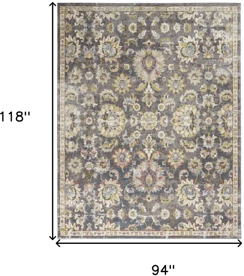 Charcoal Brown and Yellow Floral Distressed Area Rug Photo 3