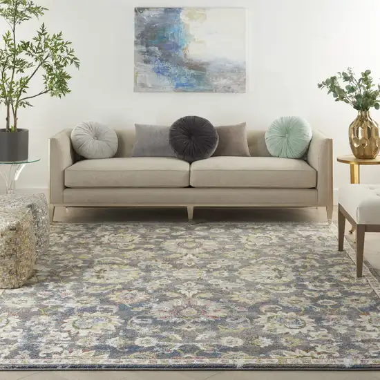 Charcoal Brown and Yellow Floral Distressed Area Rug Photo 5